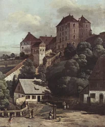 Vue de Pirna, Pirna du côté sud, avec fortifications et Obertor (porte de la ville) ainsi que la forteresse Sonnenstein